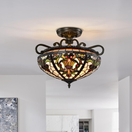 BELOFAY Tiffany Ceiling Light Art Deco Style Semi-Recessed Colored Glass Handcrafted Uplight Shade